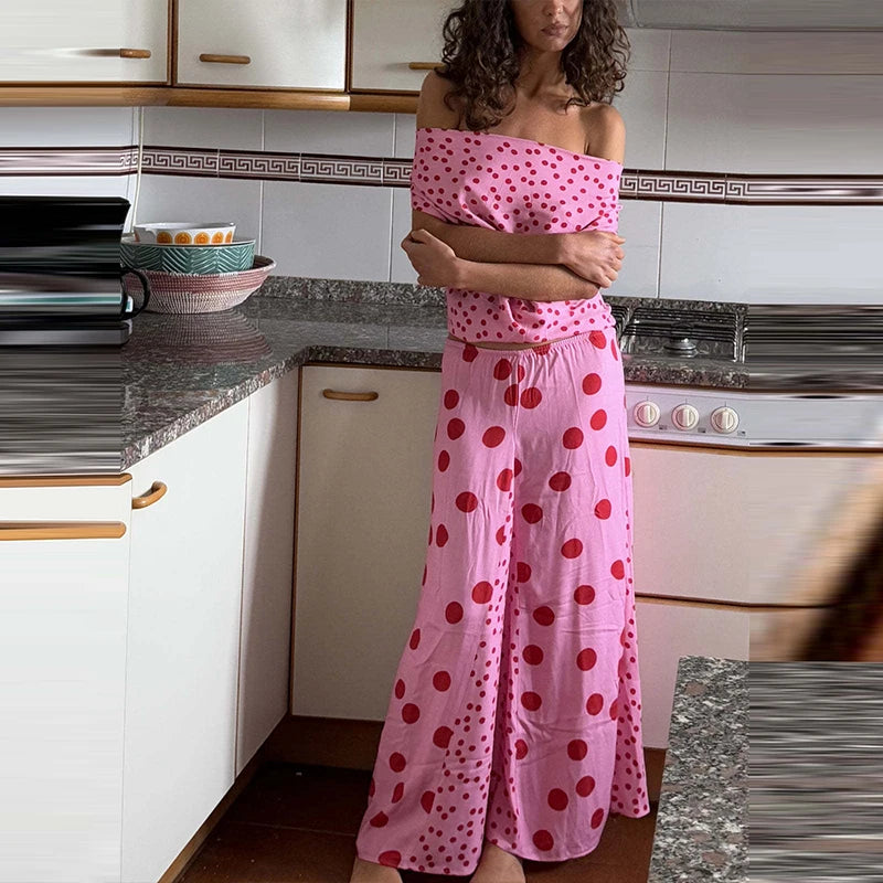 MQTIME  -  Sexy Swing Collar Tops & Long Skirt Suit Women Elegant Simple Polka Dot Print Party Skirt Outfits Casual Sleevless Slim 2Pc Sets