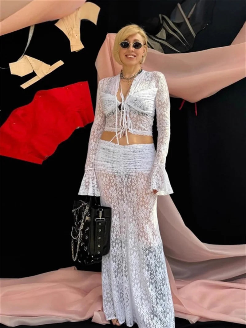 MQTIME  -  Lace Sheer Flared Sleeves Women's Skirt Suit Waist Exposed Pleated Top Black White Slim Party Skirt Spicy New Arrival In Stock