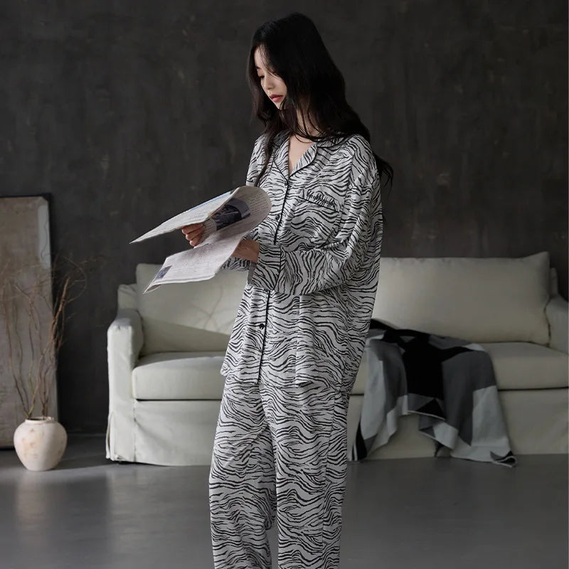 MQTIME  -  Women Spring Autumn and Winter Pure Cotton Long-sleeved Striped Lace Lapel High-end Light Luxury Loungewear Set Comfort