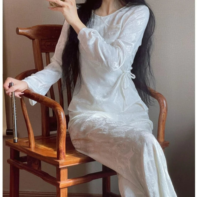 MQTIME  -  Spring Retro Chinese Style Pink Jacquard Home Dress Chinese Set Classical Fashion Round Neck Skew Collar Pajamas Two-piece Trend