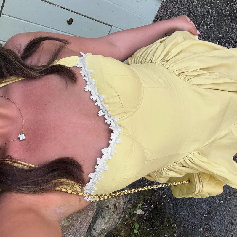 MQTIME  -  Women Sexy Yellow Hollow Out Small Dress Halter High Waist Club Party Pleated Dress Elegant Lace Edge Sleeveless A-line Dresses