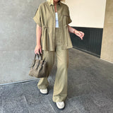 MQTIME  -  Summer Elegant Button Wide Leg Suit Casual Short Sleeve Shirt & Long Pant Outfits Women Fashion Lapel Solid Loose 2Pc Sets
