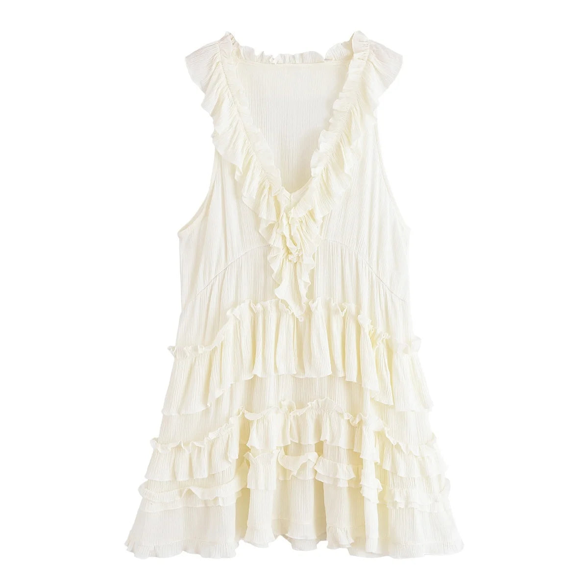 MQTIME  -  Summer New Arrivals Women's Retro Casual French Ruffle Sleeveless V-Neck Cake Skirt Fashion Mini Dress