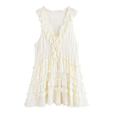 MQTIME  -  Summer New Arrivals Women's Retro Casual French Ruffle Sleeveless V-Neck Cake Skirt Fashion Mini Dress