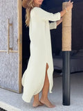 MQTIME  -  Summer Casual Shirt Dress for Women Single-breasted Long Sleeves Split-side Vacation Dresses Solid Color Long Dress