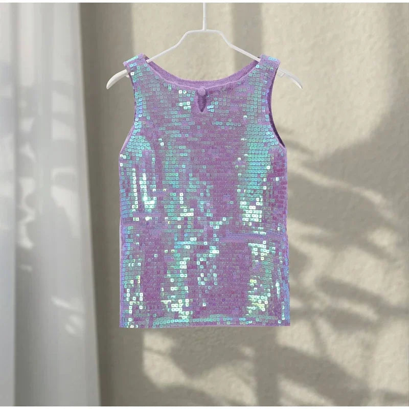 MQTIME  -   Fashion Sequined O-neck Vest Women Sexy Knitted Sleeveless Solid Slim Shinny Tops Female 2025 Casual Summer Party Top Lady