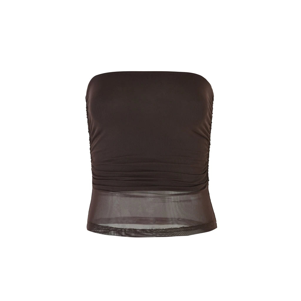 MQTIME  -  Women's Summer Strapless Bandeau Tops Stylish Solid Color Sheer See-Through Slim Fit Ruched Backless Crop Tube Vest