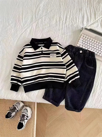 MQTIME  -  Kids Striped Sweatshirt New Autumn Spring Boys Long Sleeve Pullover Baby Cotton Lapel Polo Tops Children Clothes 1-6 Years