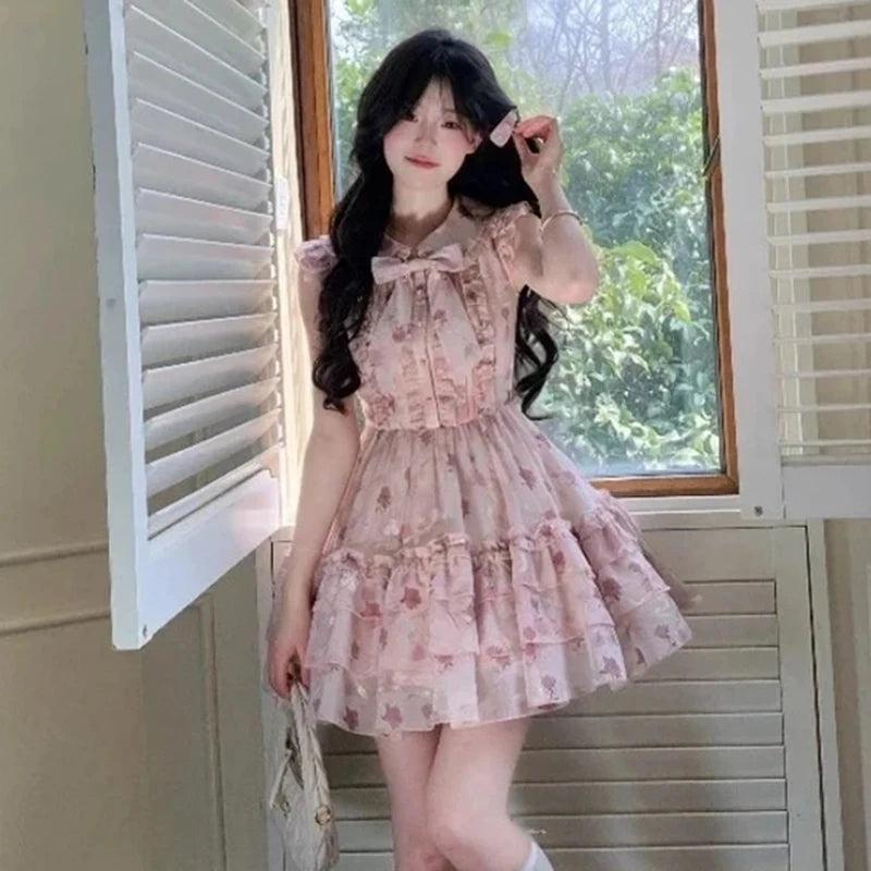 MQTIME  -   Women Floral Mini Dress French Bow Sweet Butterfly Sleeve Ball Gown Dress Summer Elegant O Neck Kawaii Female Cake Dress New