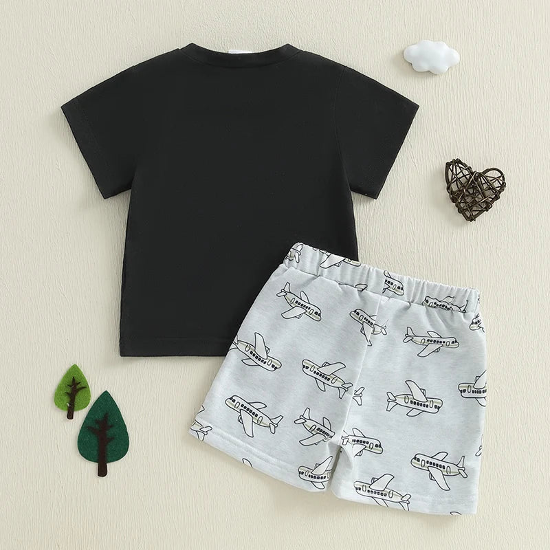 MQTIME  -  Baby Boy Dinosaur Print Short Sleeve T-shirt and Shorts Set Elastic Waistband 2 Piece Summer Outfit for Toddlers