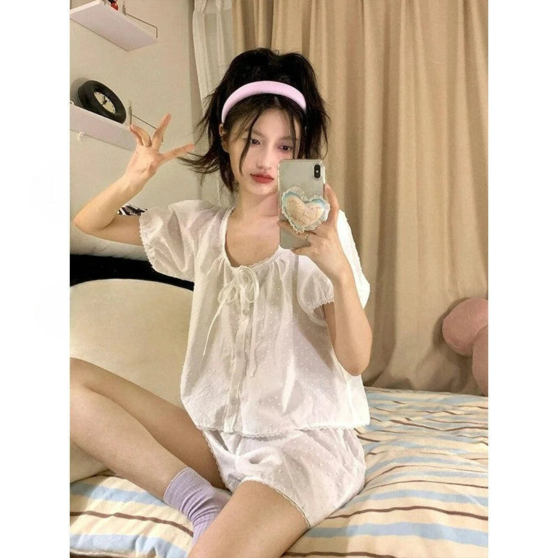 MQTIME  -  Jacquard Lace-up French Sweet Pajamas Women's Summer New Girl Gentle Wind Short-sleeved Shorts Loungewear Set Trendy Comfortable