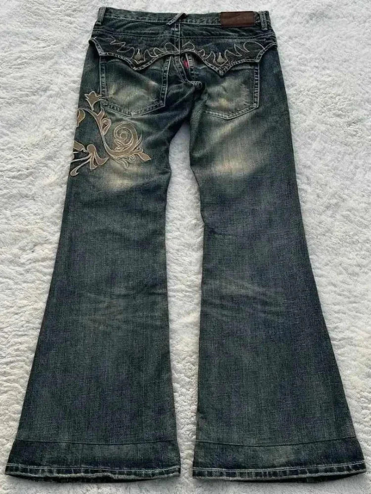 MQTIME  -  New Y2k Retro Flared Jeans Women Harajuku Gothic Embroidery Denim Pants Vintage Punk Baggy Street Grunge Washed Trousers