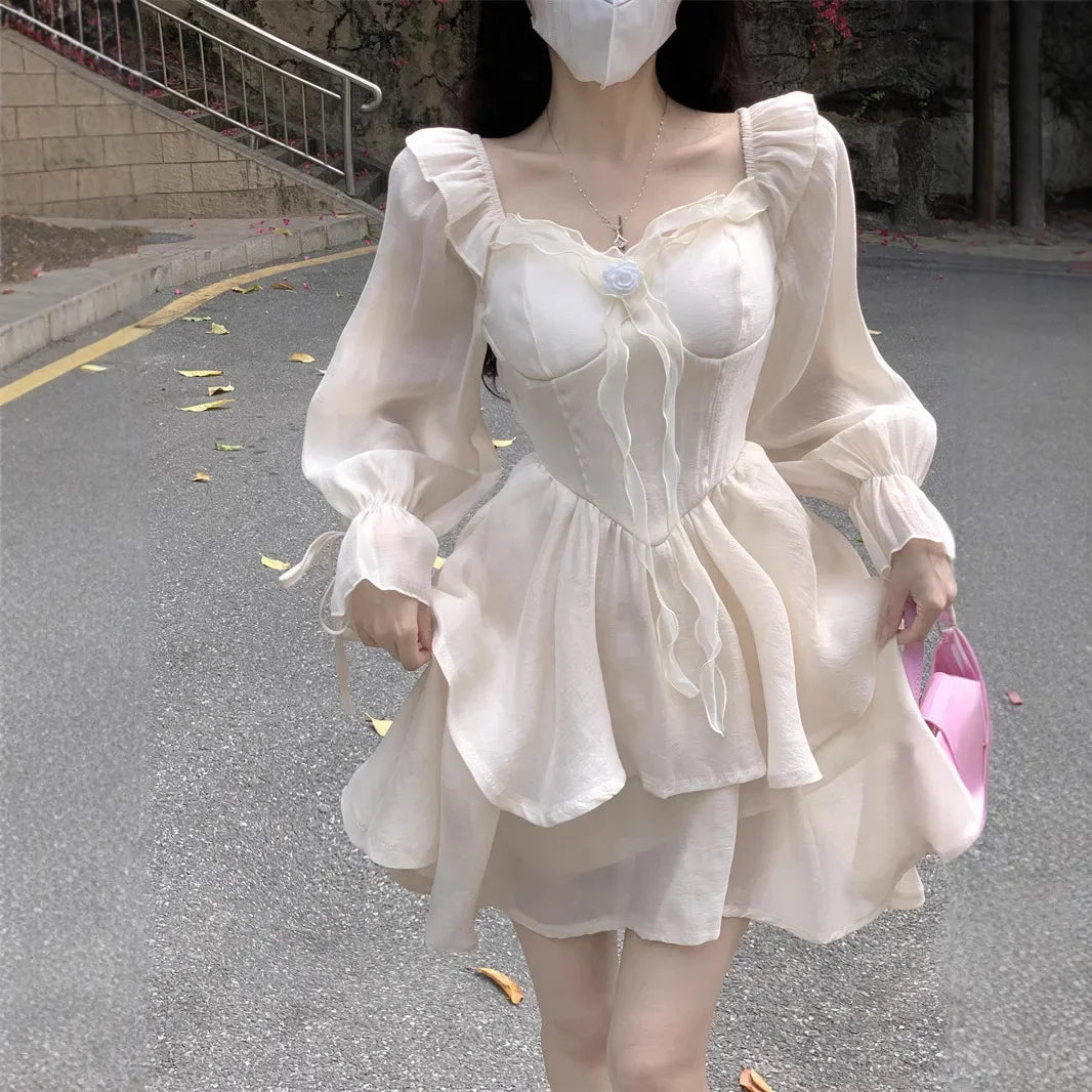 MQTIME  -  Summer plus Size Women's Dress Gentle Style Square Collar High Waist Pleated Mini Skirt Elegant Skirts Full Sleeve Other Sleeve