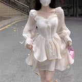 MQTIME  -  Summer plus Size Women's Dress Gentle Style Square Collar High Waist Pleated Mini Skirt Elegant Skirts Full Sleeve Other Sleeve