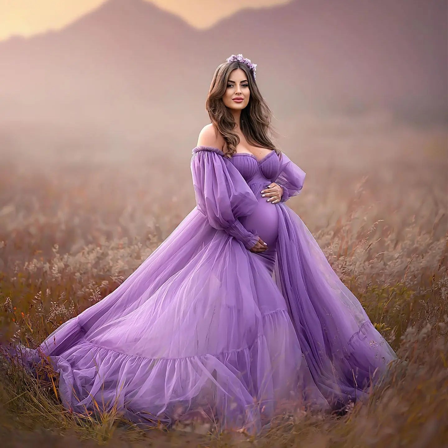 MQTIME  -  Purple Tulle Maternity Photoshoot Dress with Lining Empire Waist Prom Gown Women Long Sleeves Baby Shower Dresses Formal Wear