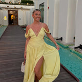 MQTIME  -   Elegant Women's Butter Yellow Maxi Dress Off-Shoulder  Plunge Ruched Waist Side Cutout High Side Slit Formal Evening Party Gown