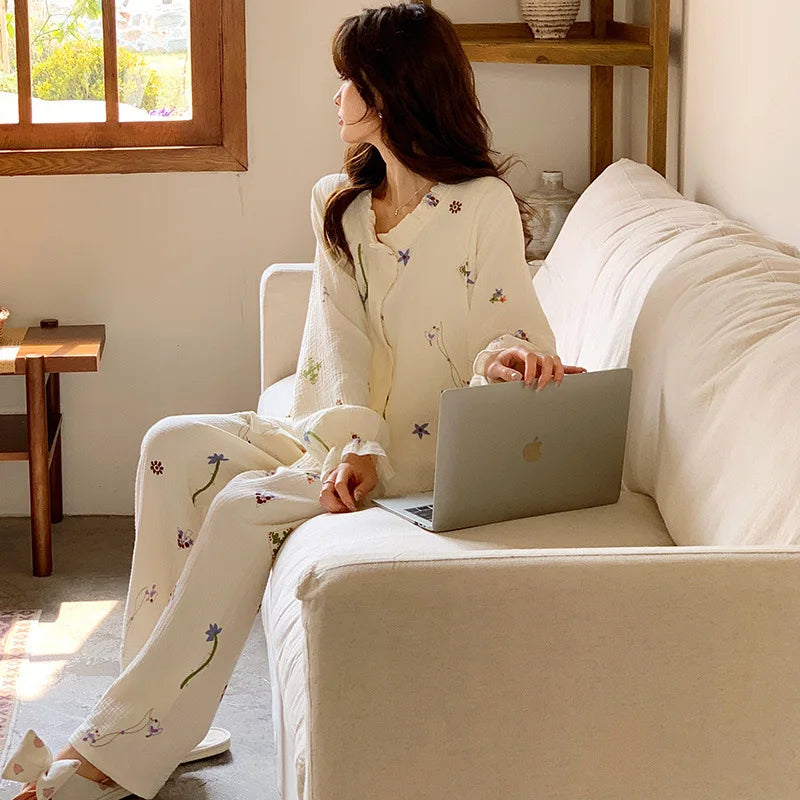 MQTIME  -  Maternity Nursing Sleepwear Sets 100% Cotton Feeding Pajamas Spring Autumn Thin Long Sleeve Top Pants Home Wear