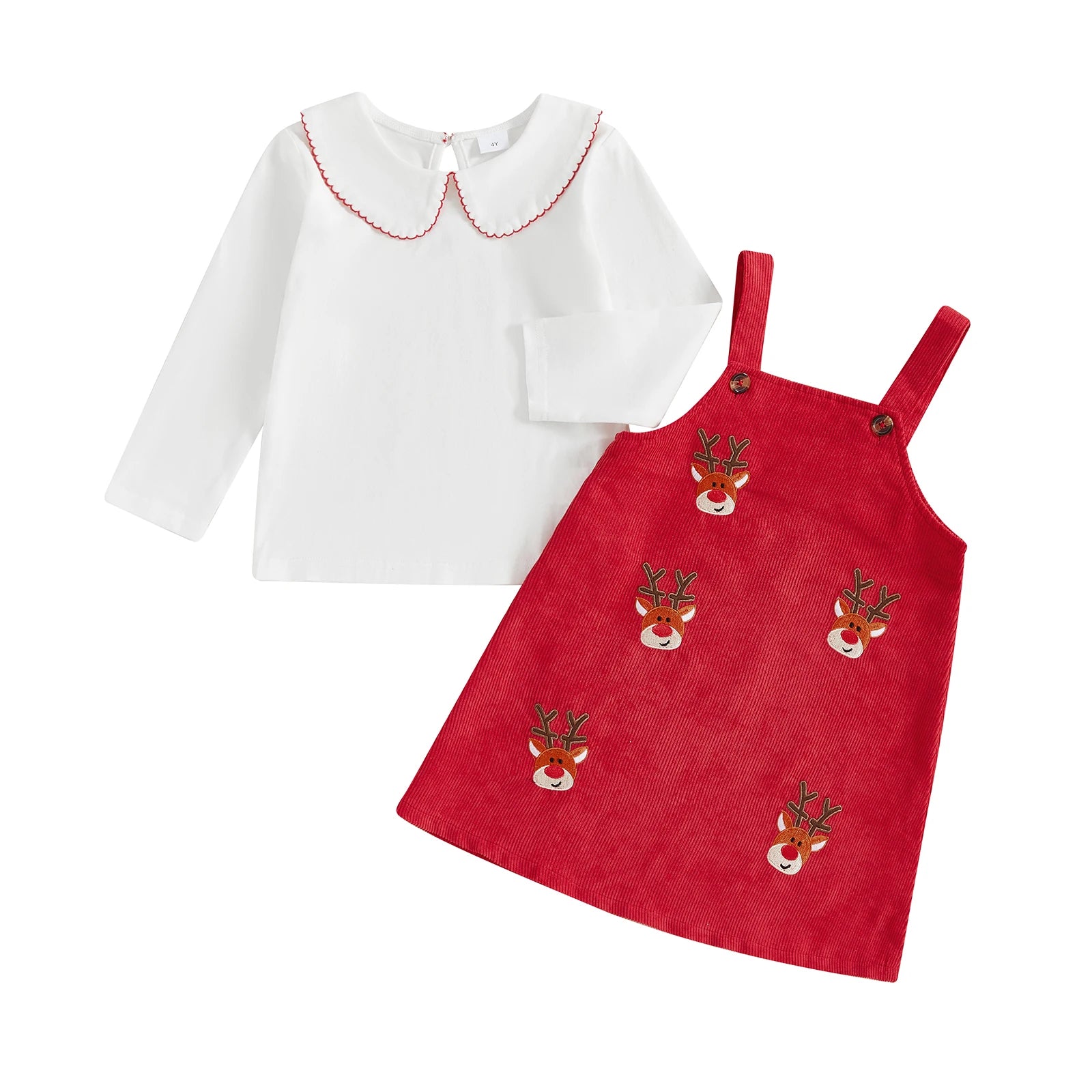 MQTIME  -  Adorable Baby Girl Christmas Outfit with Ruffle Collar Shirt and Reindeer Print Overall Dress - Festive 2 Piece Set for Toddler