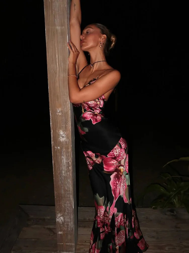 MQTIME  -  Floral Maxi Dresses For Women Sexy Fashion Straps Lace Sleeveless Backless V-Neck Sheath Long Vestidos Robes Female Streetwear