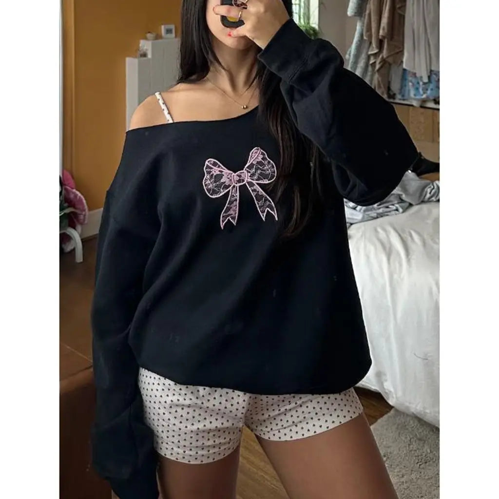 MQTIME  -  Women's Y2K Off-Shoulder Hoodies Sweatshirts Cute Aesthetic Print Loose Long Sleeve Pullovers Casual Tops Streetwear