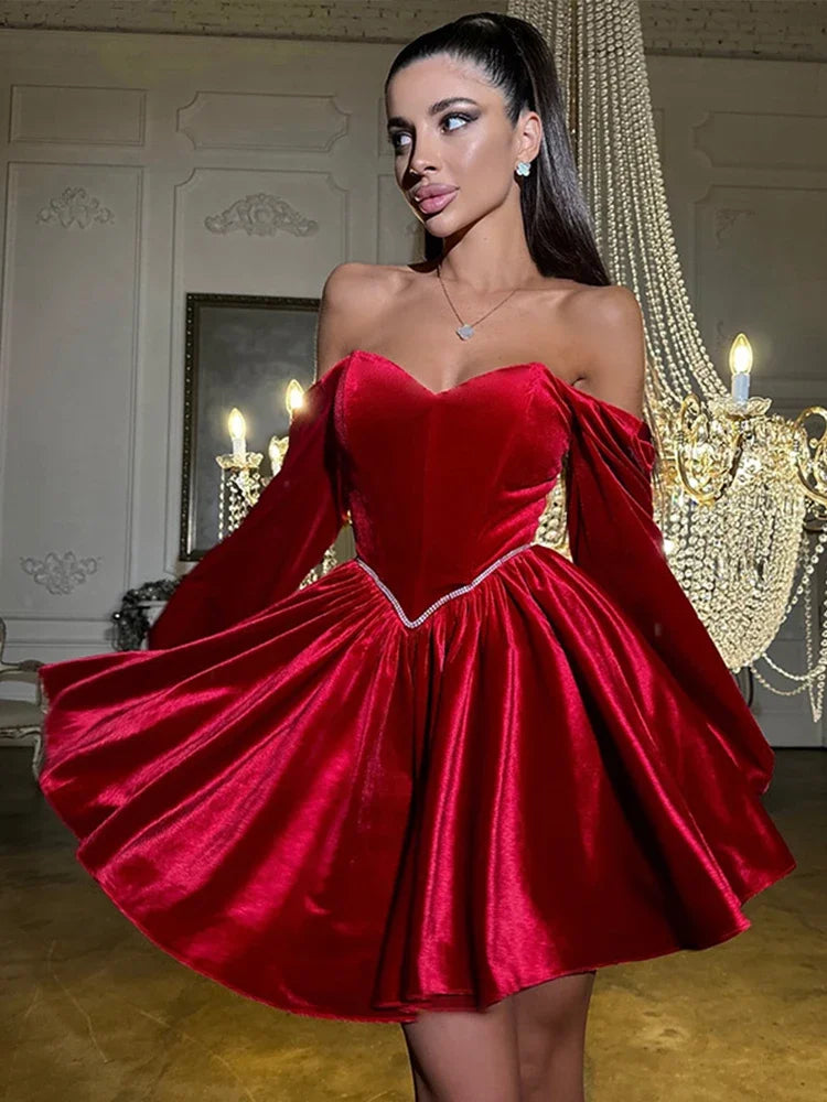 MQTIME  -  Sexy Velvet Strapless Short Party Dress Women Off Shoulder Long Sleeve Bandage Dresses 2025 Autumn New Lady Christmas Vestidos
