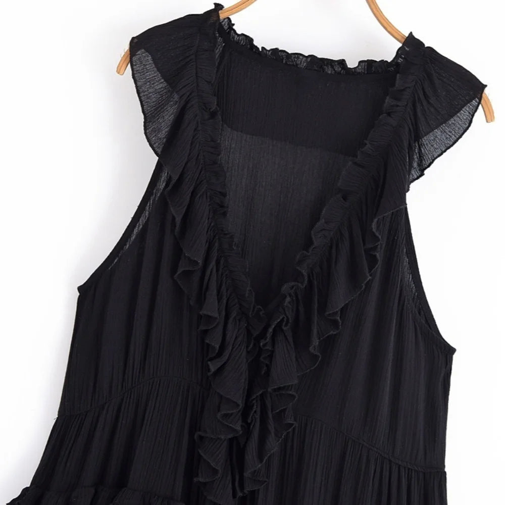 MQTIME  -  Summer New Arrivals Women's Retro Casual French Ruffle Sleeveless V-Neck Cake Skirt Fashion Mini Dress