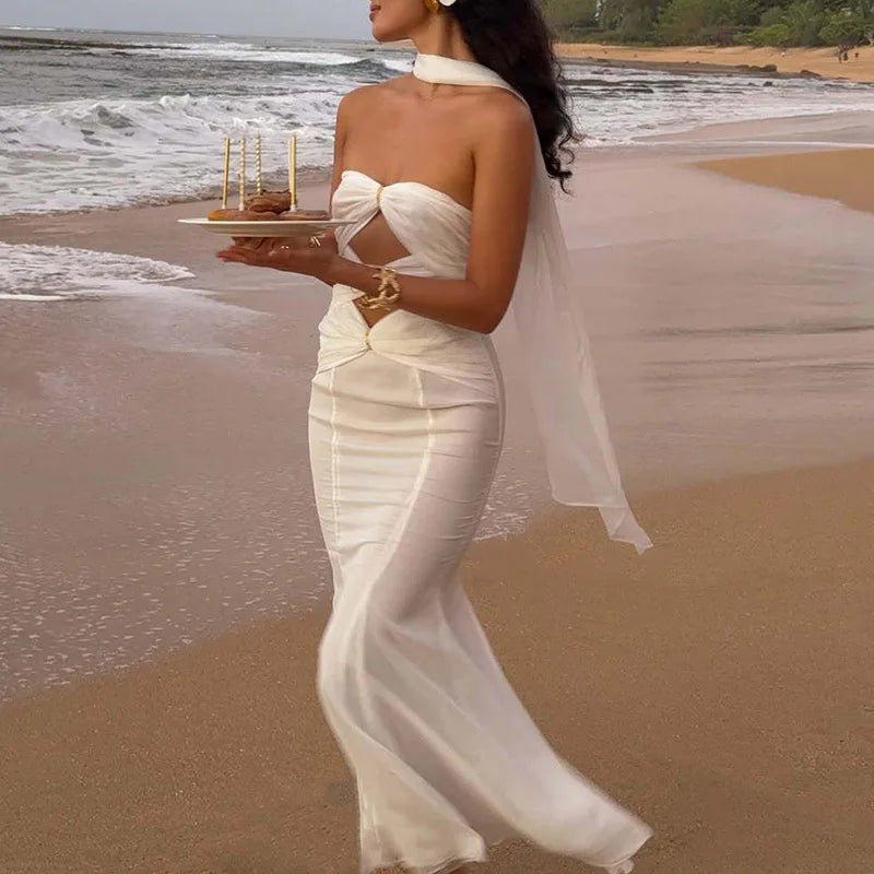 MQTIME  -  Sexy Sleeveless Hollow Out Sheath Long Dress Fashion Pleated Swing Romantic Dress Elegant Strapless Desire Style Gowns Dresses