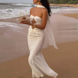 MQTIME  -  Sexy Sleeveless Hollow Out Sheath Long Dress Fashion Pleated Swing Romantic Dress Elegant Strapless Desire Style Gowns Dresses