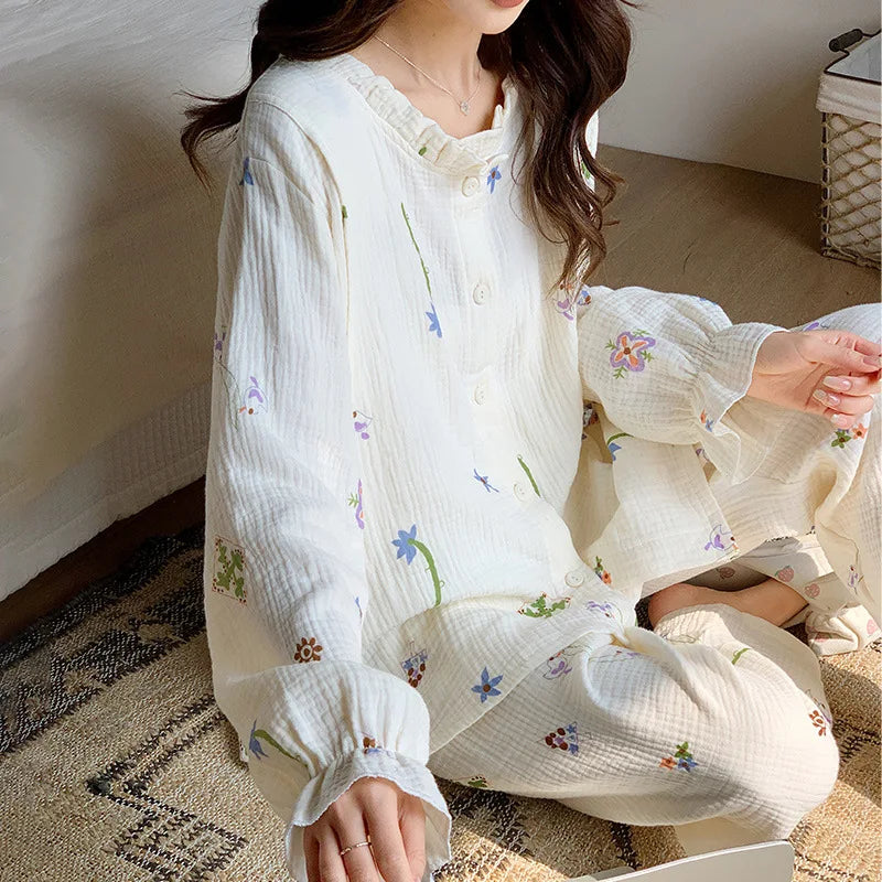 MQTIME  -  Maternity Nursing Sleepwear Sets 100% Cotton Feeding Pajamas Spring Autumn Thin Long Sleeve Top Pants Home Wear