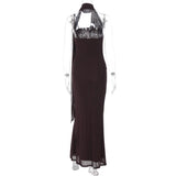 MQTIME  -  Women Gown Strapless Vestidos Brown Halter Off-shoulder Sexy Maxi Dress Sleeveless Backless Folds Club Party Long Dresses