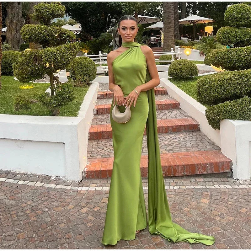 MQTIME  -  Elegant Satin Long Dresses Women Chic Fashion Solid Slim High Waits Female Robe With Ribbon Summer Lady Party Vestidos 2025 New