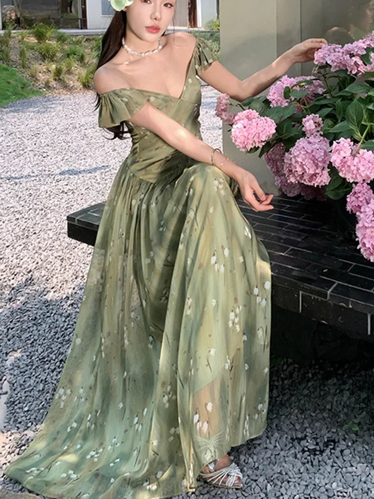 MQTIME  -   Floral Flying Sleeve Chiffon Dress Women French Summer Beach V Neck Sexy Long Dress Casual Fashion Vacation Elegant Simple Dress