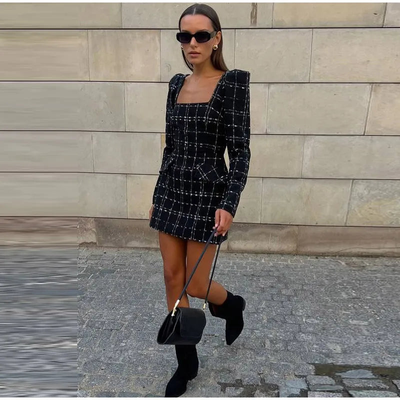 MQTIME  -  Tweed Plaid Elegant Long Sleeve Mini Dress Women Square Collar High Waist 2025 Autumn Casual Dresses Party Evening Lady Robe