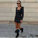 MQTIME  -  Tweed Plaid Elegant Long Sleeve Mini Dress Women Square Collar High Waist 2025 Autumn Casual Dresses Party Evening Lady Robe