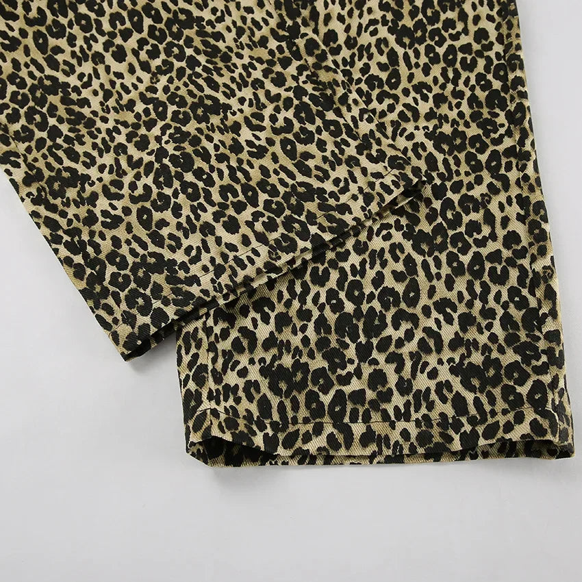 MQTIME  -  Women's Leopard Print High-Waisted Trousers - Button-Fly Wide Leg Pants with Belt Loops, Retro Fall Winter Street Style