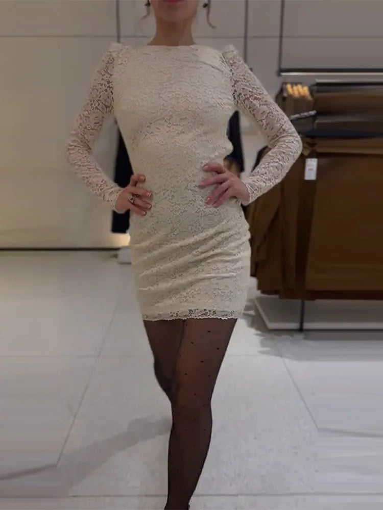 MQTIME  -  Sexy White Lace Full Sleeve Mini Dress Women O-neck Backless Hip Package Slim Waist Cinching Dresses Lady Evening Party Vestidos