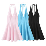 MQTIME  -  Summer New Arrivals Women's Wear Pure Color Temperament Sexy Backless Wave-Style Wide-Sleeve Halter Short Dress
