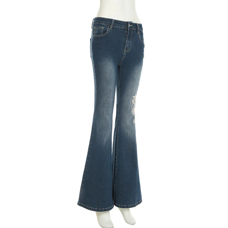 MQTIME  -  Chic Rose Embroidered Gradient Slightly Flared jeans for Women Slim Low Rise Dragging Denim Pants Casual Elegant Fashion Trouser