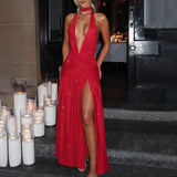 MQTIME  -  Sexy Deep V-neck Halter Slim Evening Dress Women Fashion Bright Silk Hight Waist Long Dress Elegant Sleeveless Split Party Dress