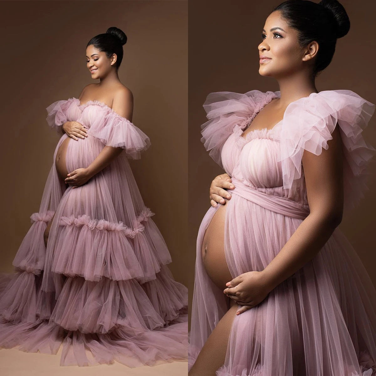 MQTIME  -  Ruffle Evening Dresses Women's Sweetheart Off Shoulder Pregnancy Bathgown Maternity Custom Made Tulle Robe for Photo Shoot
