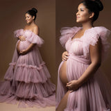 MQTIME  -  Ruffle Evening Dresses Women's Sweetheart Off Shoulder Pregnancy Bathgown Maternity Custom Made Tulle Robe for Photo Shoot