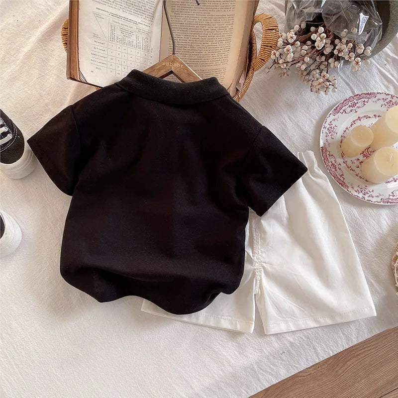 MQTIME  -  2Piece 2025 Summer Baby Boy Clothes Korean Fashion Casual Letter Short Sleeve Black Tops+Shorts Clothings Children's Sets BC2116