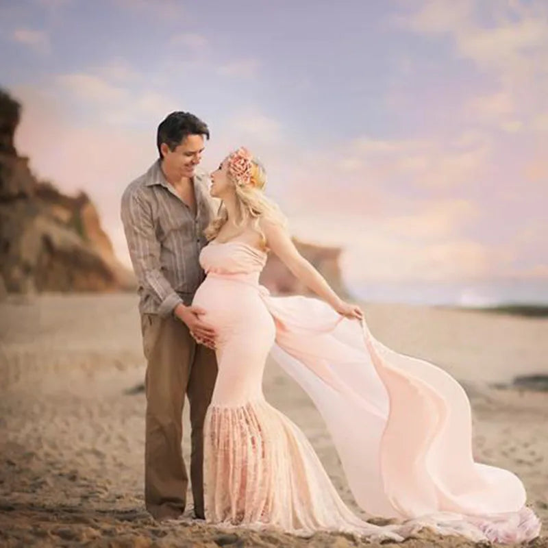 MQTIME  -  Sexy Strapless Maternity Shooting Dresses For Baby Shower Women Pregnancy Photo Gown Pink Lace Long Pregnant Photography Clothes