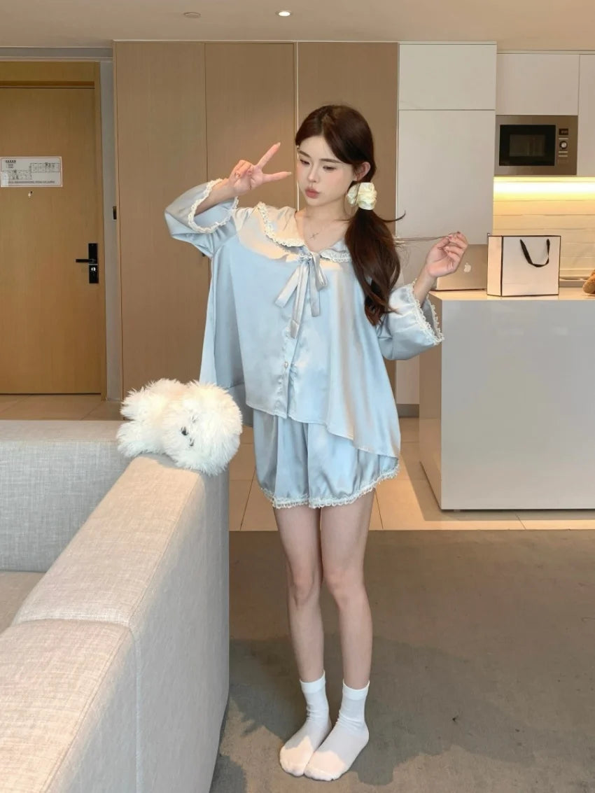 MQTIME  -  Women Sweet Solid Pajamas Sets Chic Loose New Summer 2025 Wide Leg Shorts Comfortable Home Wear Minimalist Suits