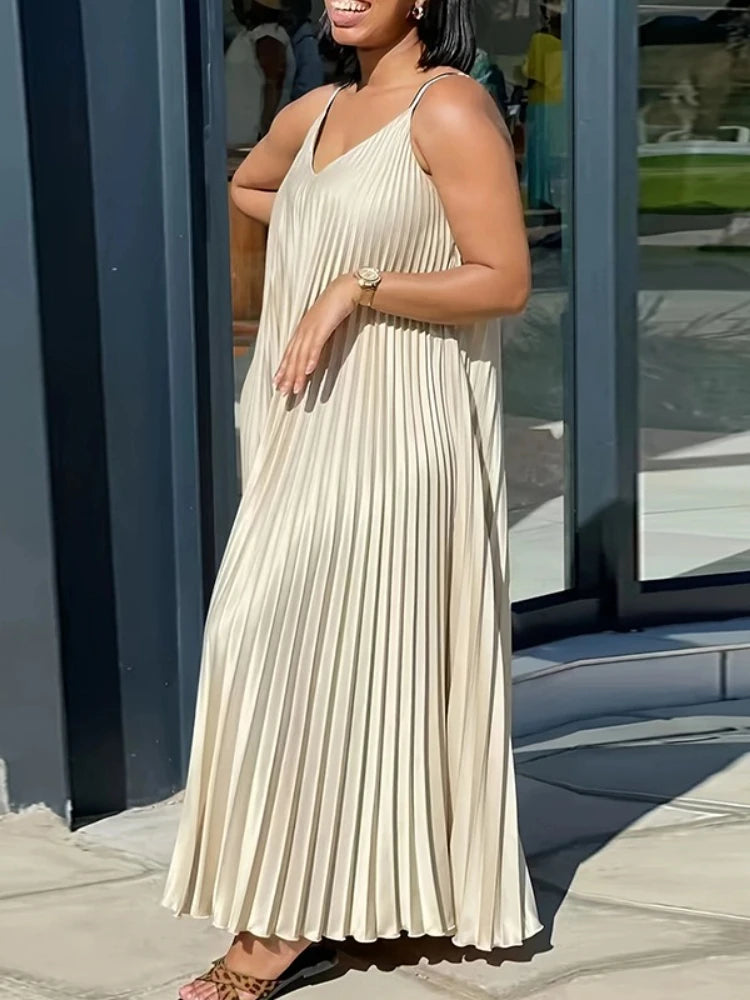 MQTIME  -  Summer High Waist V Neck Casual Sleeveless Dress Pleated Spaghetti Strap Dresses New Relaxed Sexy Maxi Beach Women Dress