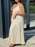 MQTIME  -  Summer High Waist V Neck Casual Sleeveless Dress Pleated Spaghetti Strap Dresses New Relaxed Sexy Maxi Beach Women Dress