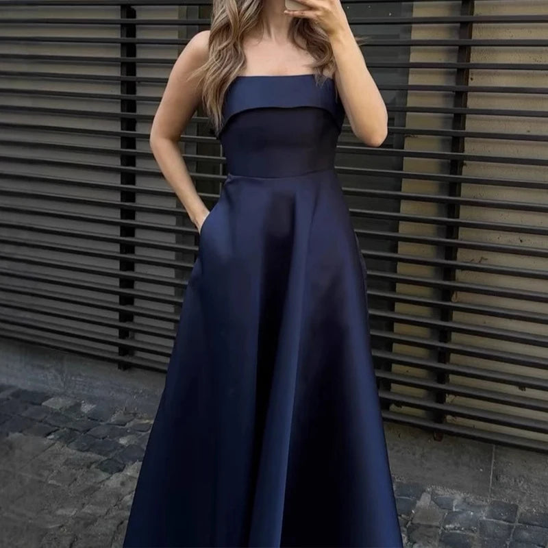 MQTIME  -  2025 Summer Retro Style Satin Spaghetti Strap Evening Dress Fashion High Waist A-line Ruched Banquet Gowns for Laies