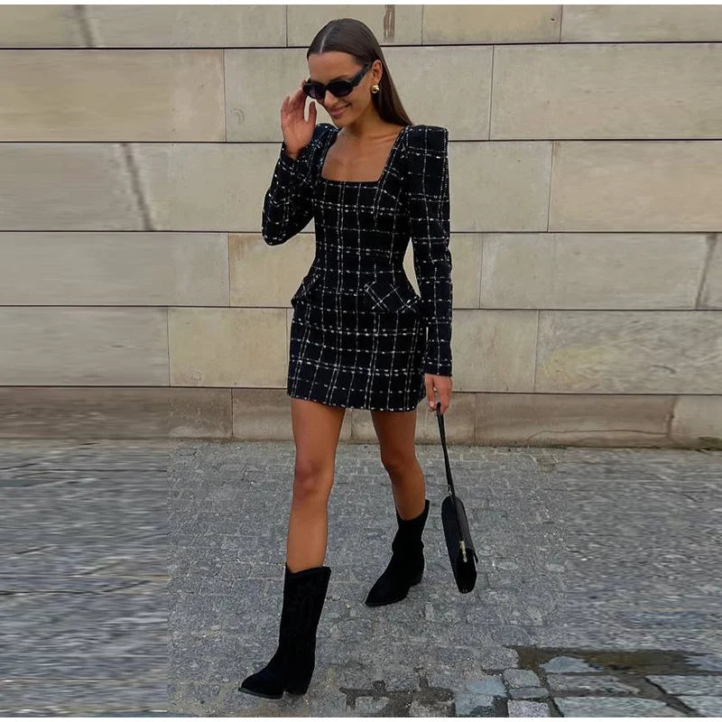 MQTIME  -  Tweed Plaid Elegant Long Sleeve Mini Dress Women Square Collar High Waist 2025 Autumn Casual Dresses Party Evening Lady Robe