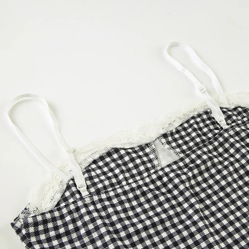 MQTIME  -  New Plaid Lace Flare Pants Sets Patchwork Elegant Women Casual Two Piece Suit Streetwear Sweet Tank Top Autumn Slim Fit Set