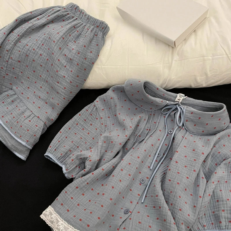 MQTIME  -  Korean Polka Dot Double-layer Cotton Yarn Short-sleeved Pajamas for Women's Summer New Soft and Skin-friendly Home Clothing